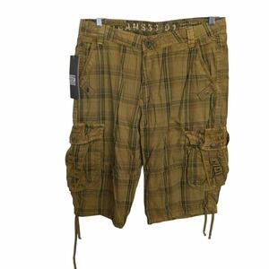 Vintage Stone Touch Cargo Shorts Skater Baggy Combat Grunge Yellow Plaid 34 NWT